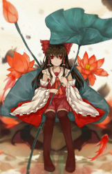 Rule 34 | 1girl, armband, ascot, bow, brown hair, brown thighhighs, collar, dead line, detached sleeves, fish, flower, frilled collar, frilled sleeves, frills, hair bow, hair tubes, hakurei reimu, highres, long hair, looking at viewer, lotus, md5 mismatch, mini person, minigirl, no shoes, red eyes, red skirt, resolution mismatch, sitting, skirt, sleeveless, smile, solo, source larger, thighhighs, touhou, water, wide sleeves
