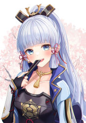 Rule 34 | 1girl, :d, armor, ayaka (genshin impact), blue eyes, blunt bangs, blush, breastplate, breasts, bridal gauntlets, cherry blossoms, collarbone, fan to mouth, funii, genshin impact, hair ornament, hair ribbon, hand fan, highres, holding, holding fan, japanese clothes, long hair, looking at viewer, medium breasts, mole, mole under eye, open mouth, ponytail, resolution mismatch, ribbon, sidelocks, smile, solo, source larger, upper body, white hair
