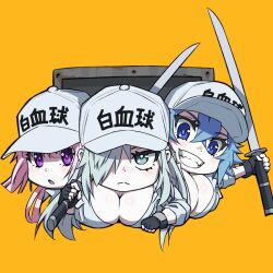Rule 34 | 3girls, black gloves, blue eyes, blue hair, blue pupils, breast pocket, breasts, chibi, cleavage, closed mouth, clothes writing, crossed bangs, fingerless gloves, gloves, grey hair, grey headwear, grin, hair between eyes, hair over one eye, hat, hataraku saibou, hataraku saibou black, holding, holding sword, holding weapon, large breasts, light frown, long hair, long sleeves, looking at viewer, mikoyan, multiple girls, open mouth, orange background, outstretched arm, pink hair, pink pupils, pocket, purple eyes, smile, sword, u-1196, u-1212, u-8787, upper body, weapon, white blood cell (hataraku saibou)