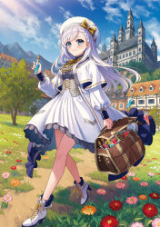 Rule 34 | 1girl, ankle boots, bag, beret, blue eyes, boots, bow, bowtie, braid, braided bangs, brown bag, building, capelet, choppy bangs, closed mouth, cloud, coat, collared shirt, corset, cover, cover page, cross-laced footwear, day, dropping, flower, frilled coat, frilled skirt, frills, full body, grass, grey corset, grey shirt, hair behind ear, hat, hat bow, high-waist skirt, high heel boots, high heels, highres, holding, holding bag, holding vial, lace-up boots, long hair, long sleeves, looking at viewer, michi (iawei), mountain, novel cover, official art, open bag, open clothes, open coat, orange flower, outdoors, path, pink flower, potion, puffy long sleeves, puffy sleeves, red flower, road, second-party source, shirt, skirt, smile, striped bow, striped bowtie, striped clothes, tensai renkinjutsu-shi wa kimama ni tabi suru, tree, vial, walking, white capelet, white coat, white footwear, white hair, white hat, white skirt, yellow bow, yellow bowtie