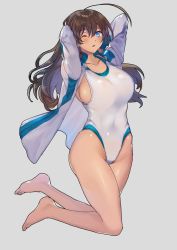 Rule 34 | 1girl, ahoge, arms behind head, barefoot, black hair, blue eyes, breasts, collarbone, commentary request, competition swimsuit, grey background, highres, jacket, large breasts, looking at viewer, one-piece swimsuit, one eye closed, original, shino yoshihisa, simple background, solo, swimsuit, track jacket, white jacket