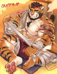Rule 34 | 1boy, abs, absurdres, animal ears, applying bandages, bara, beard, black hair, bulge, character request, crave saga, facial hair, fang, fang out, full beard, full body, furry, furry male, highres, large pectorals, male focus, multicolored hair, muscular, muscular male, nipples, orange fur, pectorals, raineru (gryffindor131), red hair, scar, short hair, sitting, solo, streaked hair, tail, thick beard, tiger boy, tiger ears, tiger tail, topless male, translation request, white fur