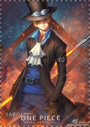 Rule 34 | 1boy, artist name, ascot, black eyes, black hat, blonde hair, blue shirt, brown gloves, character name, closed mouth, commentary, gloves, goggles, goggles on headwear, hat, holding, holding weapon, long sleeves, looking at viewer, male focus, one piece, sabo (one piece), scar, scar across eye, scar on face, shirt, short hair, solo, standing, top hat, watermark, weapon, web address, weibo logo, weibo watermark, white ascot, zhang ding