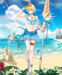 Rule 34 | 1girl, beach, bikini, blonde hair, blue eyes, breasts, cleavage, cloud, cloudy sky, earrings, fire emblem, fire emblem heroes, fjorm (fire emblem), highres, jewelry, lighthouse, looking at viewer, nintendo, polearm, sand castle, sand sculpture, sandals, short hair, skirt, sky, small breasts, smile, solo, spear, swimsuit, swimsuit skirt, weapon
