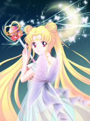 Rule 34 | 1990s (style), 1girl, bare shoulders, bead bracelet, beads, bishoujo senshi sailor moon, bishoujo senshi sailor moon stars, blonde hair, bow, bracelet, brown eyes, bug, butterfly, crescent, crescent facial mark, crescent moon, double bun, dress, earrings, eternal tiare, facial mark, forehead mark, gown, hair bun, hair ornament, hairpin, highres, insect, jewelry, long hair, magic, mi-ra, moon, princess, princess serenity, retro artstyle, ribbon, scepter, see-through, smile, solo, tsukino usagi, twintails