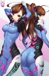 Rule 34 | 1girl, ahoge, arms up, artist name, ass, bad id, bad pixiv id, blush, bodysuit, breasts, brown eyes, brown hair, blowing bubbles, character name, chewing gum, closed mouth, covered erect nipples, cowboy shot, d.va (overwatch), facepaint, facial mark, from behind, glowing, hair tie, headphones, highres, legs together, long hair, looking back, medium breasts, mouth hold, overwatch, overwatch 1, profile, signature, skin tight, snow is, snow is , standing, whisker markings