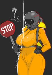 Rule 34 | 1girl, ?, absurdres, artist name, bodysuit, breasts, dripping, full-length zipper, grey background, hand on own hip, harness, hazmat suit, highres, improvised weapon, large breasts, lethal company, orange bodysuit, oxygen mask, oxygen tank, reflective visor, road sign, sexually suggestive, sign, solo, spooky (dare to exist), standing, stop sign, suggestive fluid, worker (lethal company), zipper