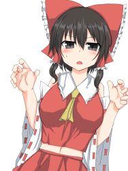 1girl ascot bad_id bad_pixiv_id black_eyes black_hair blush bow breasts detached_sleeves dutch_angle golgi_hon hair_between_eyes hair_bow hair_tubes hakurei_reimu highres looking_at_viewer medium_breasts midriff navel open_mouth red_bow ribbon-trimmed_sleeves ribbon_trim short_hair sidelocks simple_background solo stomach sweat touhou white_background wide_sleeves