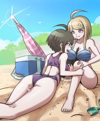 Rule 34 | 1boy, 2girls, :d, absurdres, ahoge, akamatsu kaede, ass, bare arms, bare shoulders, barefoot, beach, between breasts, bikini, blush, breasts, brown eyes, cleavage, collarbone, cum, danganronpa (series), danganronpa 2: goodbye despair, danganronpa another episode: ultra despair girls, danganronpa s: ultimate summer camp, danganronpa v3: killing harmony, day, fortissimo, hair ornament, head between breasts, highres, hinata hajime, lying, mosbles, multiple girls, musical note, musical note hair ornament, naegi komaru, on stomach, one-piece swimsuit, open mouth, outdoors, penis, sand, smile, swimsuit, thigh sex