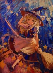 Rule 34 | 1girl, acrylic paint (medium), ama-tou, blonde hair, broom, broom riding, female focus, hat, kirisame marisa, painting (medium), solo, touhou, traditional media, witch, witch hat