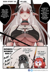 Rule 34 | 1other, 2girls, ambiguous gender, arknights, artist name, bare shoulders, black choker, black coat, black dress, black jacket, black sports bra, breasts, chibi, choker, cleavage, coat, comic, commentary, demon horns, doctor (arknights), dress, english commentary, english text, fang, hair between eyes, helm, helmet, highres, holding, holding whip, hood, hood up, hooded coat, hooded jacket, horns, jacket, kinohara kossuta, large breasts, long hair, looking at viewer, medium breasts, mudrock (arknights), multiple girls, navel, open mouth, pointy ears, purple eyes, red eyes, red hair, sports bra, surtr (arknights), sweatdrop, sword, weapon, whip, white hair, yandere