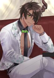 Rule 34 | 1boy, abs, aragami oga, belt, black belt, black hair, black necktie, bracelet, couch, crossed legs, curtains, dark-skinned male, dark skin, detached collar, earrings, elbow rest, eyepatch, floral print, formal, gem, green eyes, green gemstone, grey shirt, hair over one eye, hand to own mouth, highres, holostars, horn ornament, horns, indoors, jacket, jewelry, lapels, looking at viewer, male focus, mioto (tsubsq m), necktie, notched lapels, official alternate costume, open clothes, open jacket, open shirt, pants, pectoral cleavage, pectorals, shirt, short hair, single horn, sitting, smile, solo, suit, suit jacket, table, toned, toned male, virtual youtuber, white jacket, white pants, white suit