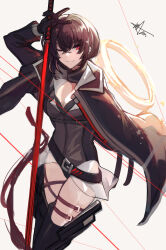 Rule 34 | 1girl, ;), arm up, belt, belt buckle, black belt, black cape, black gloves, black hair, black leotard, black thighhighs, breasts, buckle, cape, cleavage, closed mouth, commentary request, counter:side, gloves, grey background, hair between eyes, highres, holding, holding sword, holding weapon, joo shiyoung, korean commentary, leotard, long hair, looking at viewer, medium breasts, one eye closed, red eyes, signature, simple background, smile, solo, sword, thighhighs, tonyblue2, very long hair, weapon