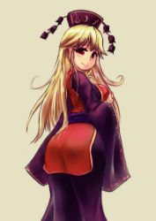Rule 34 | 1girl, ass, black dress, blonde hair, breast hold, breasts, dress, headdress, highres, junko (touhou), kaabon meshi, large breasts, long dress, long hair, looking back, red eyes, sash, sleeves past wrists, smile, solo, tabard, touhou, very long hair, wide sleeves