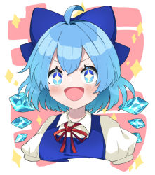 Rule 34 | + +, 1girl, blue dress, blue eyes, blue hair, bow, bowtie, breasts, cirno, collared shirt, commentary request, dress, hair between eyes, highres, ice, ice wings, looking at viewer, machimo, medium breasts, open mouth, pink background, puffy short sleeves, puffy sleeves, red bow, red bowtie, shirt, short hair, short sleeves, smile, solo, star (symbol), touhou, upper body, v-shaped eyebrows, white background, white shirt, wings
