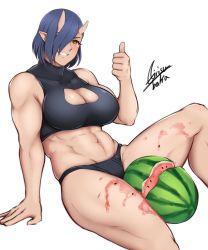 Rule 34 | 1girl, airisubaka, blue hair, breasts, cleavage cutout, clothing cutout, earrings, elf-san wa yaserarenai., food, fruit, grin, hair over one eye, highres, horns, jewelry, large breasts, meme, monster girl, muscular, muscular female, oga (elf-san wa yaserarenai.), ogre, oni, oni horns, pointy ears, short hair, signature, simple background, smile, solo, thumbs up, watermelon, white background, yellow eyes