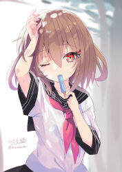 Rule 34 | 1girl, absurdres, anchor symbol, brown eyes, brown hair, food, hair ornament, hairclip, hand on own head, hand up, highres, hizaka, ikazuchi (kancolle), kantai collection, neckerchief, one eye closed, popsicle, red eyes, red neckerchief, school uniform, serafuku, short hair, summer, sweat, sweatdrop