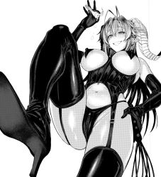 Rule 34 | 1girl, antenna hair, asmodeus (sin nanatsu no taizai), bad id, bad twitter id, bare shoulders, bdsm, black footwear, black gloves, black panties, blush, boots, breasts, candle, demon girl, demon horns, dominatrix, elbow gloves, covered erect nipples, foreshortening, from below, garter straps, gloves, greyscale, grin, hair between eyes, high heel boots, high heels, highleg, highleg panties, horns, large breasts, long hair, looking at viewer, looking down, monochrome, navel, panties, pasties, pointy ears, sin nanatsu no taizai, smile, solo, stomach, thigh boots, thighhighs, ulrich (tagaragakuin), underwear, whip