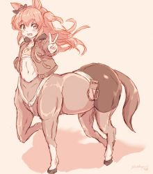 Rule 34 | 1girl, :d, animal ears, belt, bike shorts, blush, bomber jacket, bow, centaur, commentary request, crop top, dog tags, ear ribbon, flat chest, floating hair, full body, hair between eyes, hand in pocket, highres, horse ears, horse tail, jacket, long hair, long sleeves, looking at viewer, mayano top gun (umamusume), monster girl, monsterification, multiple legs, navel, ooba jun, open clothes, open jacket, open mouth, partial commentary, shadow, shirt, sidelocks, smile, solo, standing, standing on three legs, stomach, tail, taur, twitter username, two side up, umamusume, v