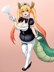 Rule 34 | 1girl, alternate costume, black dress, black footwear, blonde hair, breasts, cleavage, commentary request, dragon girl, dragon horns, dragon tail, dress, duster, fang, finalcake, frilled dress, frills, full body, garter belt, gloves, gradient background, gradient hair, high heels, horns, kobayashi-san chi no maidragon, large breasts, large tail, long hair, looking at viewer, maid, maid headdress, multicolored hair, open mouth, orange eyes, orange hair, pantyhose, pink background, puffy short sleeves, puffy sleeves, short sleeves, slit pupils, solo, tail, tohru (maidragon), twintails, white gloves, white pantyhose