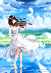 Rule 34 | 1girl, artist name, bare arms, bare shoulders, barefoot, black hair, bow (music), brown eyes, cloud, cloudy sky, day, dress, feathers, field, flower, flower field, full body, highres, holding, holding instrument, holding violin, instrument, kazuharu kina, long hair, mountainous horizon, original, outdoors, reflection, ripples, rose, sky, solo, standing, standing on liquid, strapless, strapless dress, sundress, tiptoes, violin, water, watermark, web address, white dress, white flower, white rose, wind