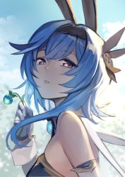Rule 34 | 1girl, animal ears, bare shoulders, blue hair, blue sky, eula (genshin impact), face, flower, from side, genshin impact, gloves, hairband, half-closed eyes, holding, holding flower, lips, long sleeves, looking at viewer, medium hair, parted lips, rabbit ears, siriuflong, sky, unfinished