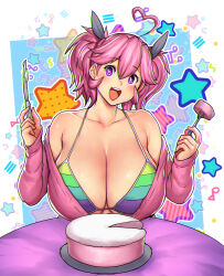 Rule 34 | absurdres, ahoge, bare shoulders, blush, borrowed character, breasts, cake, eating, erkaz, food, fork, hair between eyes, hands up, heart, heart ahoge, highres, huge breasts, knight, looking at viewer, momi (meshmezz), open mouth, original, outline, purple eyes, purple shirt, rainbow bra, shirt, smile, star (symbol), table, twintails, upper body, white outline