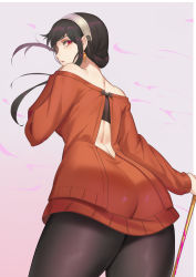 Rule 34 | 1girl, absurdres, ass, back, back cutout, bare shoulders, black pantyhose, clothing cutout, dagger, dress, highres, holding, holding dagger, holding knife, holding weapon, knife, looking back, mato kuroi, off-shoulder sweater, off shoulder, pantyhose, parted lips, red eyes, red sweater, solo, spy x family, stiletto (weapon), sweater, sweater dress, weapon, yor briar