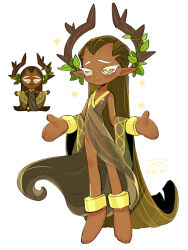 Rule 34 | 1boy, blush, branch, brown hair, colored skin, cookie run, dark-skinned male, dark skin, dress, facial mark, forehead mark, full body, gold, gold anklet, gold bracelet, gold trim, green eyes, hands up, happy, highres, horns, jewelry, leaves, long hair, male focus, millennial tree cookie, multiple views, personification, plant, pointy ears, see-through, see-through dress, smile, sparkle, trap, tree, v-neck, very long hair, vines, wenyu