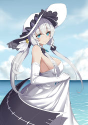 Rule 34 | 1girl, azur lane, bare shoulders, black ribbon, blue eyes, blue gemstone, breasts, cleavage, cloud, cloudy sky, dress, elbow gloves, flight deck, from side, gem, gloves, hair ribbon, hat, highres, illustrious (azur lane), large breasts, long hair, looking at viewer, ocean, ribbon, skirt hold, sky, sleeveless, sleeveless dress, solo, strapless, strapless dress, sun hat, tri tails, water, white dress, white hat, z-jun.dd-zhong
