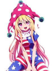Rule 34 | 1girl, american flag dress, american flag legwear, american flag shirt, bad id, bad twitter id, blonde hair, blush, breasts, clownpiece, frilled shirt collar, frills, hat, head tilt, heart, heart-shaped pupils, jester cap, long hair, medium breasts, open mouth, pantyhose, pink eyes, polka dot, shirt, short sleeves, simple background, sitting, smile, solo, star (symbol), star print, striped clothes, striped pantyhose, symbol-shaped pupils, teeth, touhou, v arms, very long hair, white background, you (noanoamoemoe)