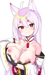 Rule 34 | ahoge, animal ear fluff, animal ears, ara haan, bare shoulders, breast hold, breasts, breasts out, collar, dress, elsword, facial mark, fox ears, grin, hair between eyes, haun (exodinary), highres, large breasts, long hair, nipples, off-shoulder dress, off shoulder, presenting, red eyes, short eyebrows, silver hair, simple background, smile, straight hair, upper body, white background, wide sleeves