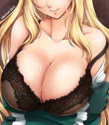 Rule 34 | 10s, 1girl, akatsuki akane, arms at sides, atago (kancolle), bare shoulders, black bra, blonde hair, blue jacket, bra, breast focus, breast hold, breasts, clothes down, collarbone, head out of frame, huge breasts, jacket, kantai collection, lace, lace-trimmed bra, lace trim, large breasts, lips, long hair, outside border, smile, solo, sweat, tears, underwear, upper body
