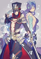 Rule 34 | 2girls, armor, blue fire, breasts, brighid (xenoblade), collarbone, ebira, closed eyes, fire, gloves, hat, long hair, medium breasts, military, military hat, military uniform, morag ladair (xenoblade), multiple girls, nintendo, pauldrons, purple hair, reverse trap, shoulder armor, simple background, smile, turtleneck, uniform, weapon, white background, white gloves, xenoblade chronicles (series), xenoblade chronicles 2, xenoblade chronicles (series), xenoblade chronicles 2