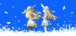 Rule 34 | 2girls, bare arms, blonde hair, blue background, bracelet, braid, closed mouth, collared dress, commentary request, creatures (company), dress, falling petals, flower, from side, game freak, green eyes, hat, hat ribbon, highres, holding, holding flower, hungry seishin, jewelry, lillie (nihilego), lillie (pokemon), lily (flower), long hair, multiple girls, nintendo, pantyhose, petals, pokemon, pokemon (anime), pokemon journeys, pokemon swsh111, ribbon, sleeveless, sleeveless dress, smile, white dress, white flower, white headwear, yellow ribbon, z-ring