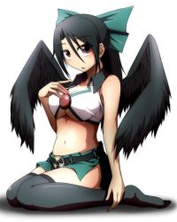 Rule 34 | 1girl, adapted costume, bad id, bad pixiv id, bare arms, belt, black hair, black thighhighs, black wings, bow, breasts, brown eyes, cleavage, collarbone, female focus, hair bow, hand on own chest, highres, inaba rapid, kuroba rapid, large breasts, long hair, looking at viewer, midriff, miniskirt, navel, no shoes, radiation symbol, rapid inaba, reiuji utsuho, shirt, sitting, skirt, solo, thighhighs, third eye, touhou, underboob, wariza, wings, zettai ryouiki