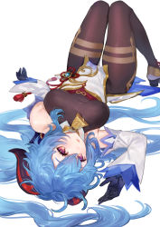 Rule 34 | 1girl, ahoge, arm up, bare shoulders, bell, black gloves, blue hair, bodystocking, breasts, brown pantyhose, cowbell, detached collar, detached sleeves, ganyu (genshin impact), genshin impact, gloves, goat horns, gold trim, highres, horns, knees up, long hair, long sleeves, looking at viewer, lying, medium breasts, nima (niru54), on back, pantyhose, parted lips, pelvic curtain, purple eyes, rope, simple background, solo, tassel, upside-down, very long hair, white background