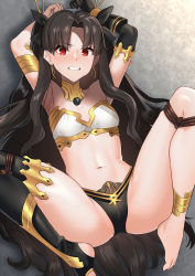 Rule 34 | 1girl, akagi kurage, anklet, armlet, armpits, arms up, ass, bare shoulders, barefoot, black gloves, black hair, black panties, black thighhighs, bra, breasts, clenched teeth, collar, commission, earrings, elbow gloves, fate/grand order, fate (series), gloves, gold trim, hair ribbon, highres, hoop earrings, ishtar (fate), jewelry, long hair, looking at viewer, midriff, navel, panties, parted bangs, pixiv commission, red eyes, restrained, ribbon, single elbow glove, single thighhigh, small breasts, solo, spread legs, stomach, sweat, teeth, thighhighs, thighs, toeless legwear, two side up, underwear, underwear only, very long hair, white bra