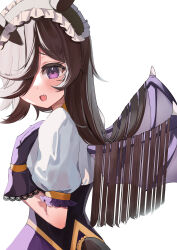 Rule 34 | 1girl, absurdres, animal ears, black gloves, blush, brown hair, clothing cutout, dress, fake wings, fang, frilled headwear, gloves, hair over one eye, headdress, highres, horse ears, horse girl, horse tail, long hair, open mouth, puffy short sleeves, puffy sleeves, purple eyes, rice shower (make up vampire!) (umamusume), rice shower (umamusume), short sleeves, simple background, smile, solo, tail, tail through clothes, umamusume, upper body, white background, white dress, white headdress, wings, yokawa nagi
