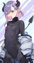 Rule 34 | 1girl, black bodysuit, black horns, bodysuit, commentary request, copyright request, demon girl, demon horns, demon tail, hair ornament, highres, horns, looking at viewer, murata tefu, pointy ears, purple hair, red eyes, short hair, solo, tail, virtual youtuber, x hair ornament