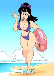 Rule 34 | 1girl, absurdres, alternate hairstyle, barefoot, beach, bikini, blue bikini, blue sky, breasts, chi-chi (dragon ball), curvy, dragonball z, female focus, full body, funsexydragonball, highleg, highleg bikini, highres, large breasts, looking at viewer, navel, open mouth, ponytail, salute, sky, swimsuit, walking, wide hips
