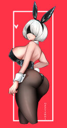 Rule 34 | 1girl, absurdres, animal ears, ass, bare shoulders, breasts, covered erect nipples, grey hair, highres, large breasts, leotard, looking at viewer, looking back, nier (series), nier:automata, pantyhose, playboy bunny, rabbit ears, red background, short hair, sideboob, solo, uzzy2801, 2b (nier:automata)