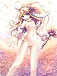 Rule 34 | 1girl, :d, ahoge, althea, breasts, detached sleeves, hair ornament, highres, holding, hoshi no gen, long hair, looking at viewer, luminous arc, luminous arc 2, medium breasts, nail polish, navel, nipples, no nose, nude, open mouth, pussy, reaching, smile, solo, standing, uncensored, wand