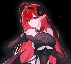 Rule 34 | 1girl, ahoge, azur lane, bare shoulders, black hairband, black horns, breasts, brown gloves, center frills, commentary request, curled horns, demon girl, demon horns, demon wings, elbow gloves, frill sama, frills, gloves, hairband, highres, hindenburg (azur lane), horns, huge ahoge, large breasts, long hair, looking at viewer, pointy ears, red eyes, red hair, slit pupils, solo, underboob, upper body, wings