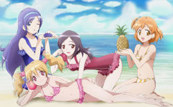 Rule 34 | 00s, 4girls, :d, ;o, all fours, aono miki, barefoot, beach, bikini, black hair, blonde hair, blue eyes, blueberry, brown eyes, casual one-piece swimsuit, cloud, day, feet, food, fresh precure!, frilled bikini, frilled swimsuit, frills, fruit, higashi setsuna, highres, kinfuji, long hair, long legs, lying, momozono love, multiple girls, name connection, navel, object namesake, on side, one-piece swimsuit, one eye closed, open mouth, orange hair, outdoors, passion fruit, peach, pineapple, precure, purple hair, red eyes, seiza, short hair, sitting, sky, smile, striped bikini, striped clothes, swimsuit, twintails, vertical-striped bikini, vertical-striped clothes, yamabuki inori