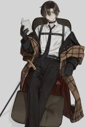 Rule 34 | 1boy, belt collar, black gloves, black necktie, black pants, brown eyes, brown hair, cane, chest harness, coat, collar, commission, gloves, harness, hirota tsuu, looking at viewer, male focus, necktie, original, pants, reclining, shirt, short hair, simple background, sitting, skeb commission, smile, solo, thigh strap, white background, white shirt