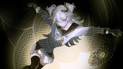 Rule 34 | 1girl, alchemy stars, black gloves, black thighhighs, blue eyes, closed mouth, florine (alchemy stars), gloves, grey hair, grey shirt, grey skirt, hair ornament, hairclip, highres, kakeami, long hair, long sleeves, looking at viewer, neckerchief, outstretched arms, pleated skirt, restrained, sailor collar, shirt, skirt, snake, solo, spread arms, thighhighs, two side up, white neckerchief