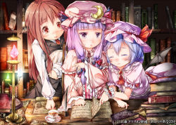 Rule 34 | 3girls, ascot, bat wings, blush, book, book stack, bookshelf, brooch, capelet, closed eyes, coat, crescent, cup, desk, dress, feathers, hair ribbon, hat, hat ribbon, head wings, jewelry, koakuma, lamp, long sleeves, mob cap, multiple girls, open clothes, open coat, open mouth, patchouli knowledge, pink dress, purple eyes, purple hair, red eyes, red hair, remilia scarlet, ribbon, shirt, short sleeves, skirt, skirt set, smile, striped clothes, striped dress, sugiyuu, teacup, touhou, tress ribbon, vest, wide sleeves, wings, wrist cuffs