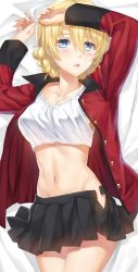 Rule 34 | 10s, 1girl, bed sheet, black legwear, blonde hair, blue eyes, braid, breasts, cleavage, commentary request, cowboy shot, crop top, dakimakura (medium), darjeeling (girls und panzer), girls und panzer, hair between eyes, hands up, highres, jacket, large breasts, long sleeves, looking at viewer, lying, midriff, navel, on back, open clothes, open jacket, parted lips, pleated skirt, red jacket, shirt, short hair, skirt, solo, tonee, white shirt