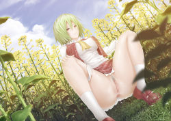 Rule 34 | 1girl, anus, ascot, blue sky, breasts, clothes lift, cloud, day, female focus, female pubic hair, field, flower, flower field, green hair, kazami yuuka, large breasts, open clothes, open vest, panties, panties around leg, pubic hair, pussy, red eyes, shirt, short hair, skirt, skirt lift, sky, solo, spread legs, squatting, tamamono atae, touhou, uncensored, underwear, vest